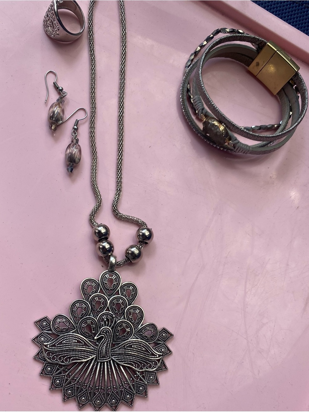 Silver Peacock Pendant Necklace with Matching Earrings  and Layered Bracelet